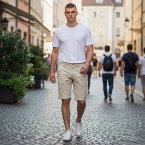 James Perse Los Angeles Mens 30 Beige Cotton Linen Cuffed Chino Shorts EUC